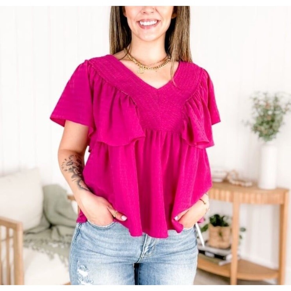 Top womens medium 6-8 Magenta blouse JODIFL blouse v neck ruffled sleeves